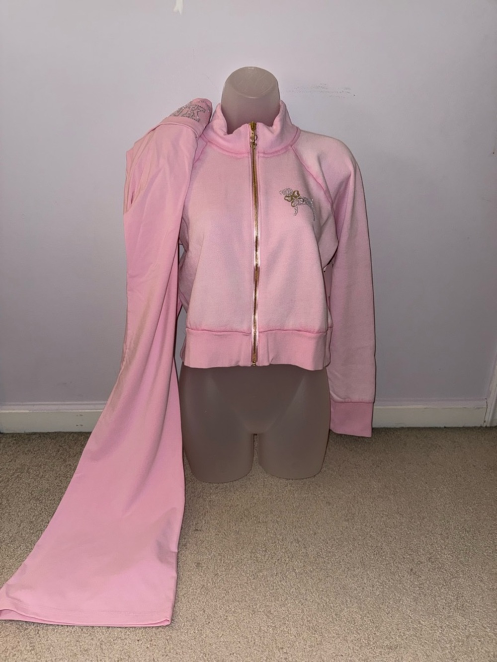 PINK x LoveShackFancy Reissued Full-Zip Cotton Foldover Flare Leggings Set M - Picture 2 of 10